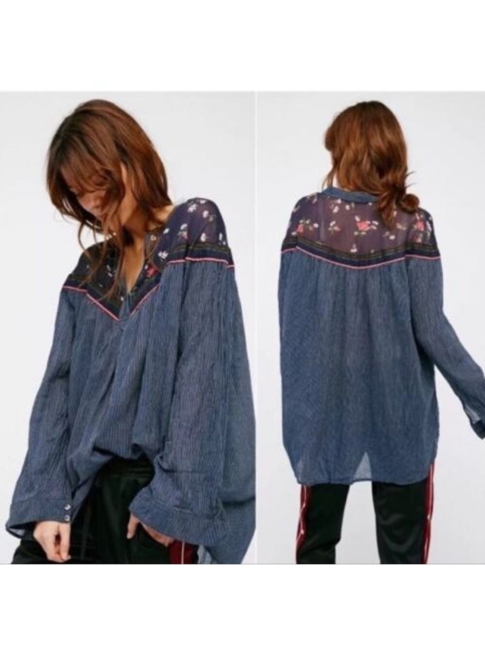 Free People Navy Striped Boho Sheer Yoke Tunic with Pink Trim